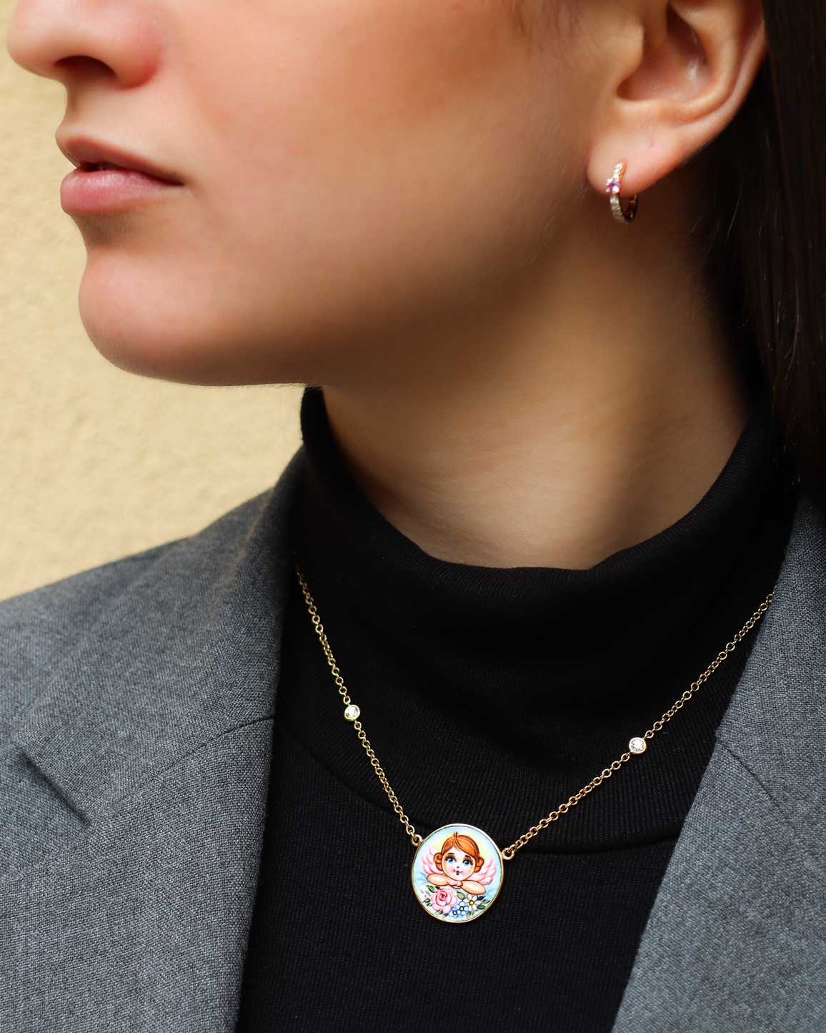 Pink Angel on Flowers Diamond Necklace