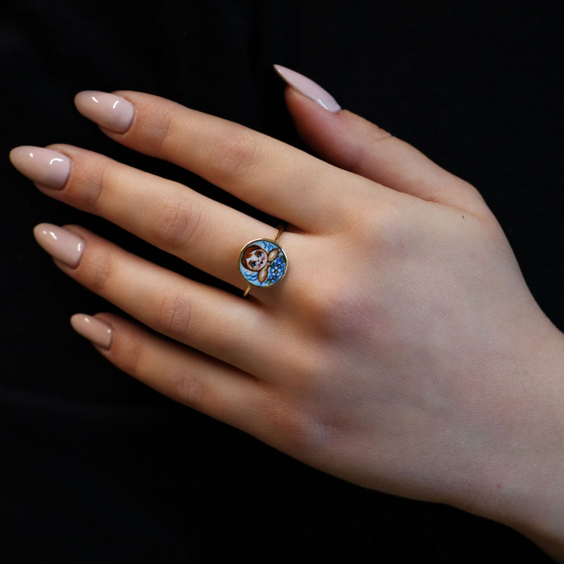 Blue Angel and Flowers Ring