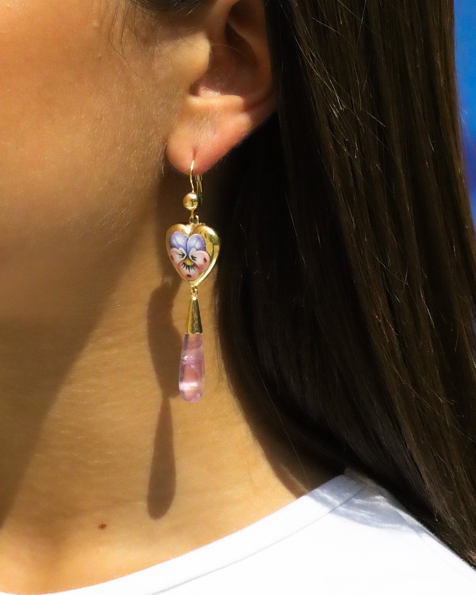 Pendant Earrings in Pansé and Amethyst Drops