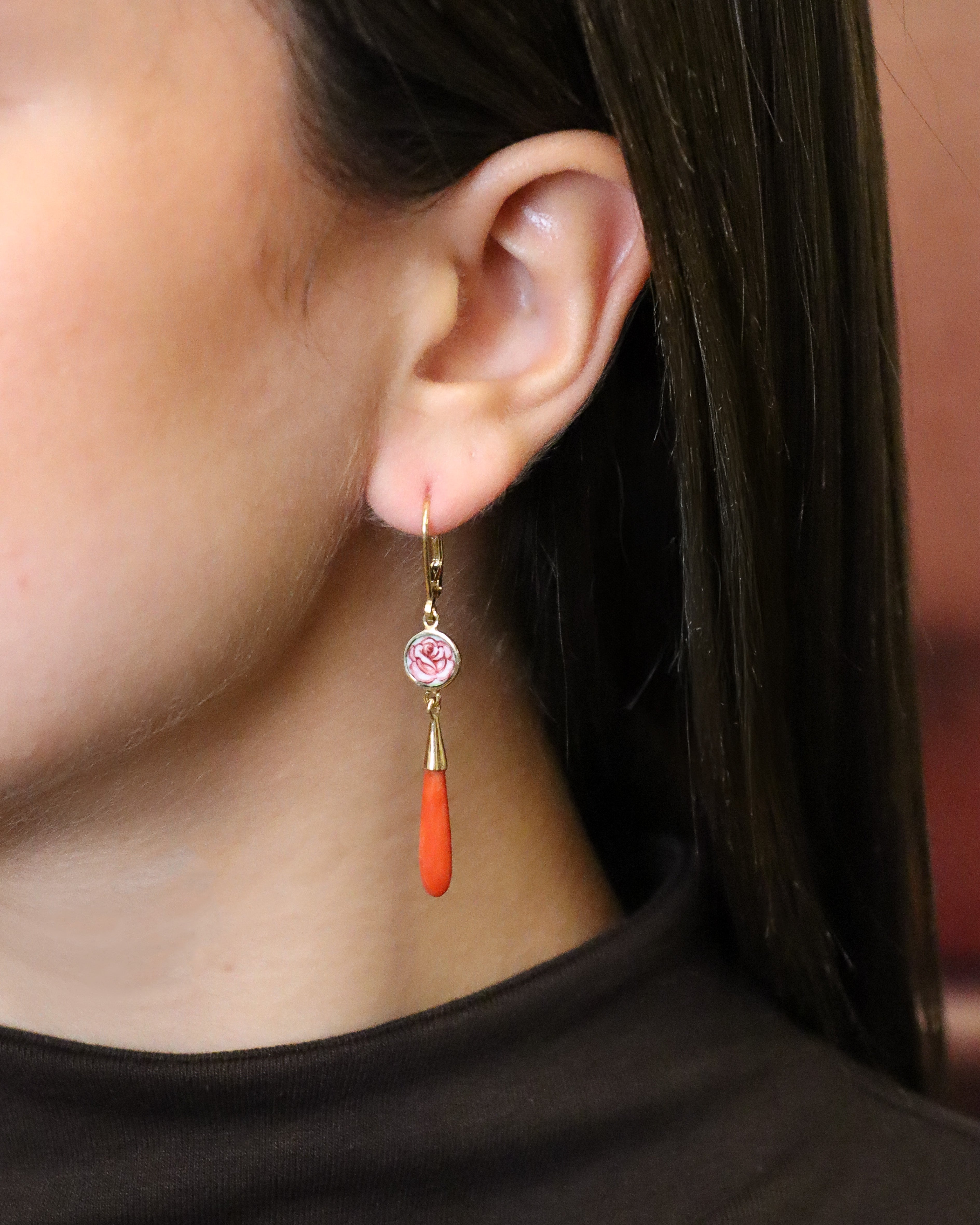 Rose and Red Coral Drop Earrings