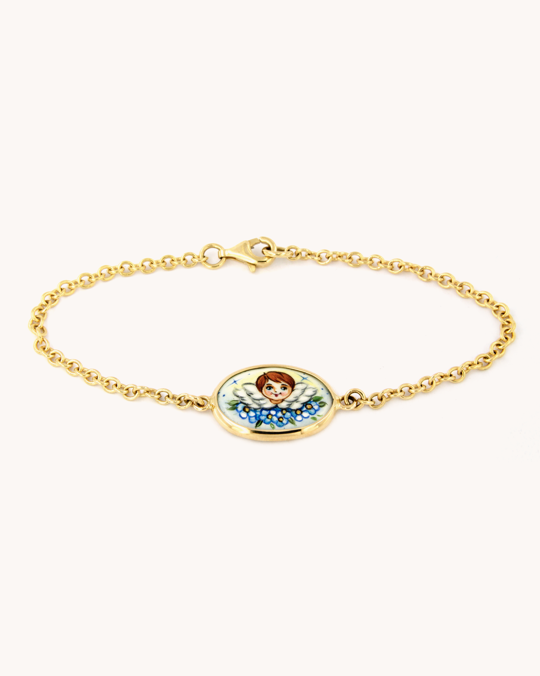Bracciale Angelo e Fiori di Merù in oro 18K con smalto a fuoco dipinto a mano
