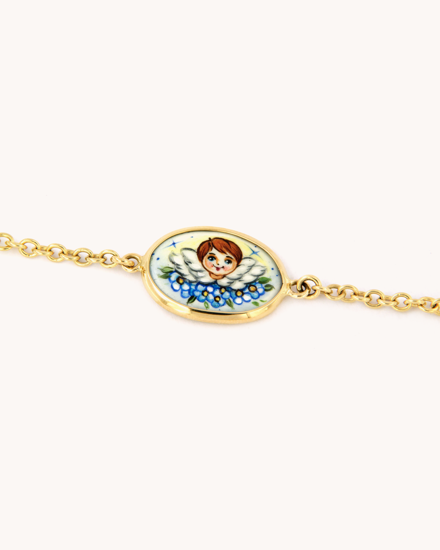 Bracciale Angelo e Fiori di Merù in oro 18K con smalto a fuoco dipinto a mano