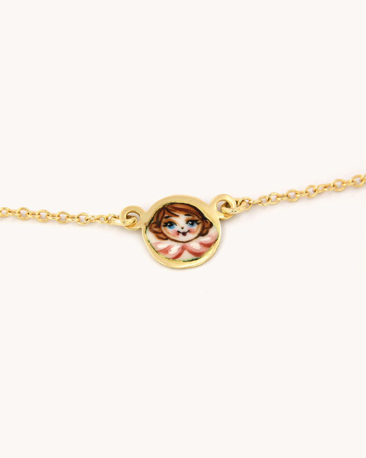 Collana Angelo Rosa in oro giallo 18k con angelo dipinto a mano in smalto a fuoco