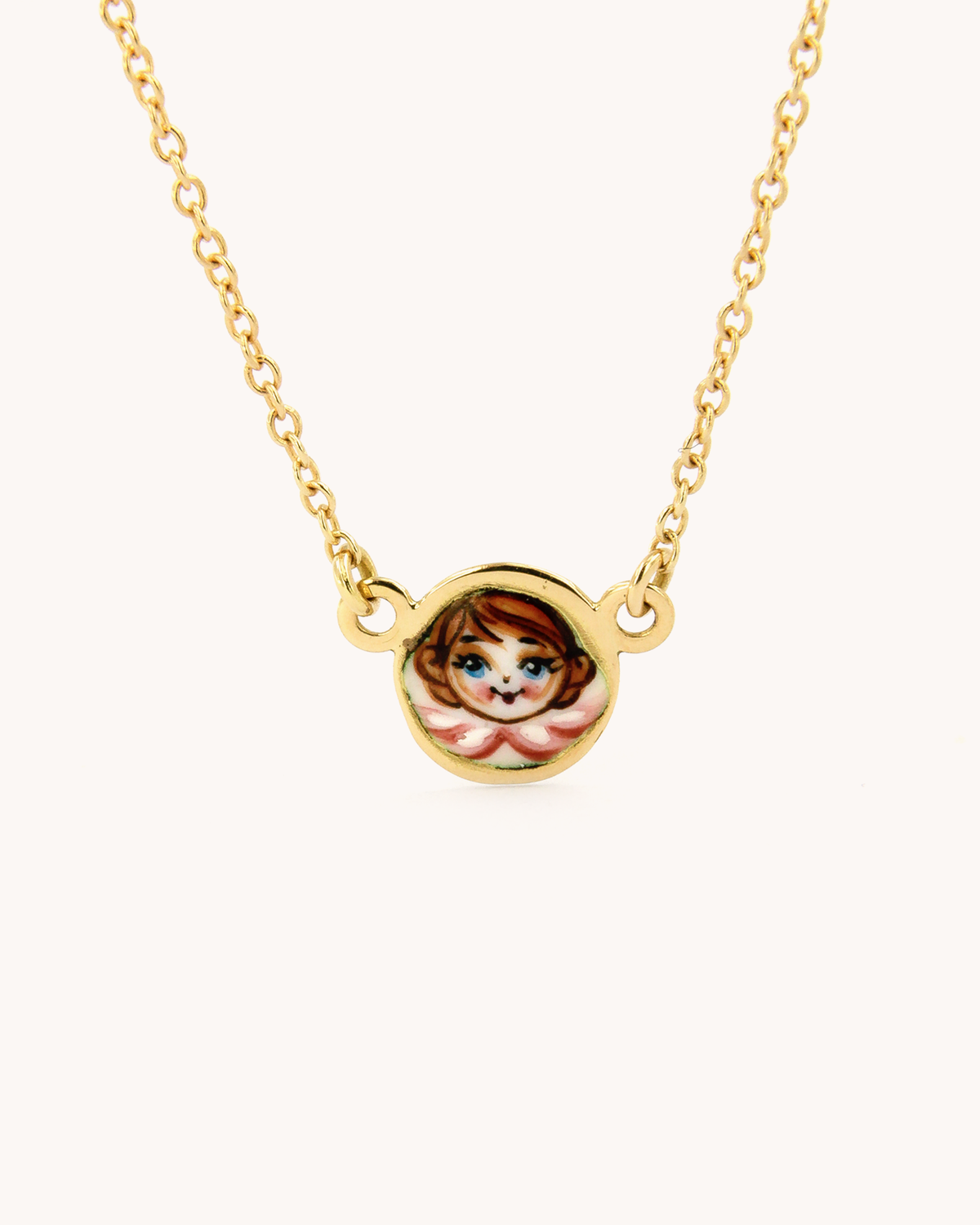 Collana Angelo Rosa in oro giallo 18k con angelo dipinto a mano in smalto a fuoco