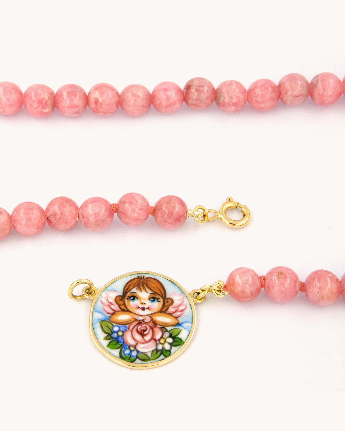 Collana Coloris Angelo nel Rosa Floreale con perline di rodocrosite e angelo dipinto a mano in smalto a fuoco