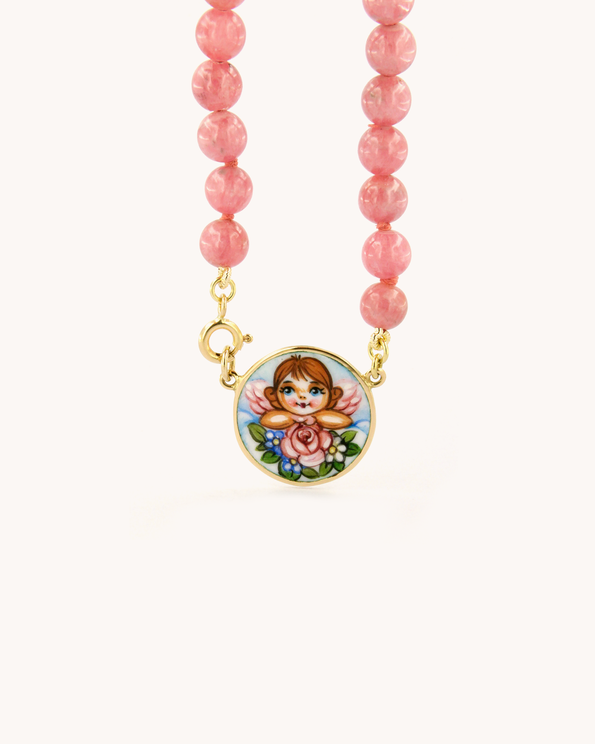 Collana Coloris Angelo nel Rosa Floreale con perline di rodocrosite e angelo dipinto a mano in smalto a fuoco