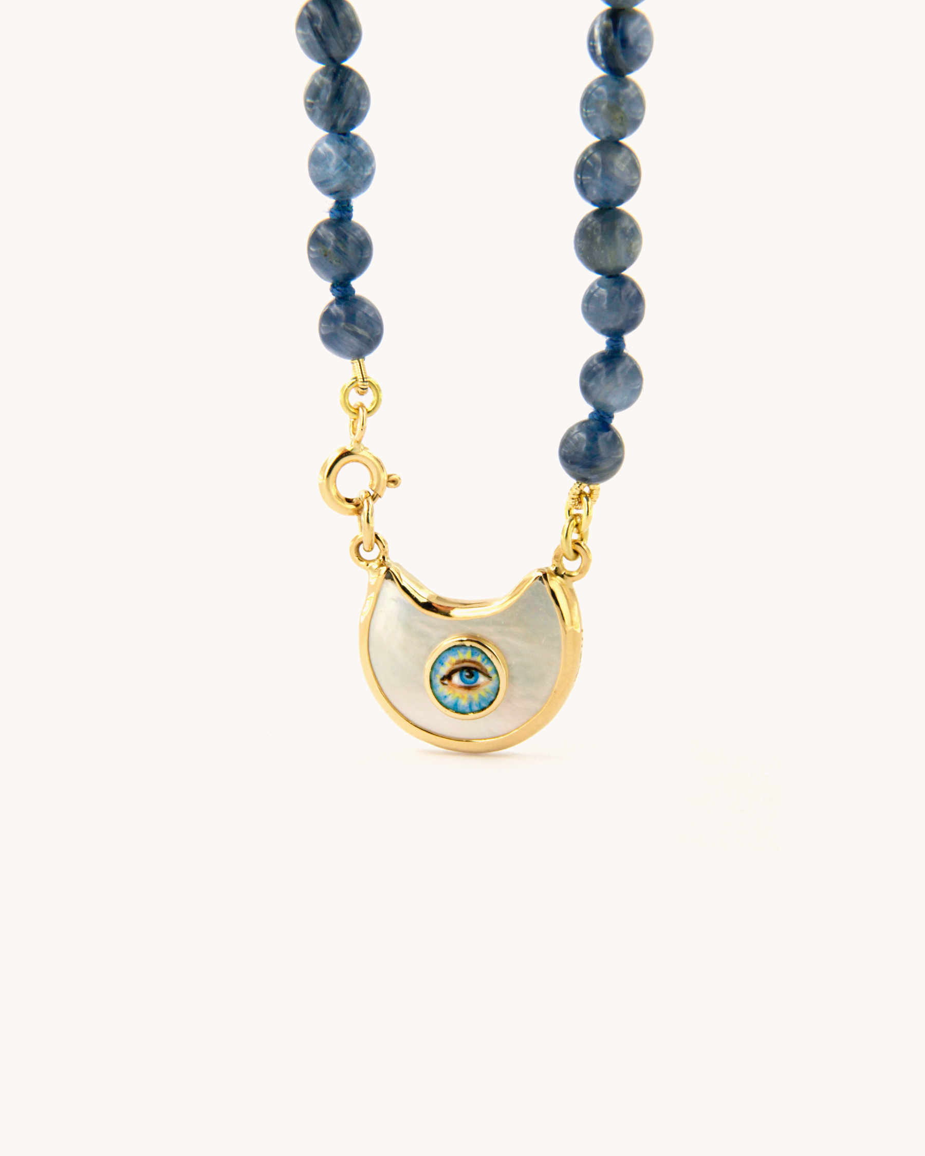 Collana Coloris con cianite, madreperla e Occhio Mistico dipinto a mano in smalto a fuoco.