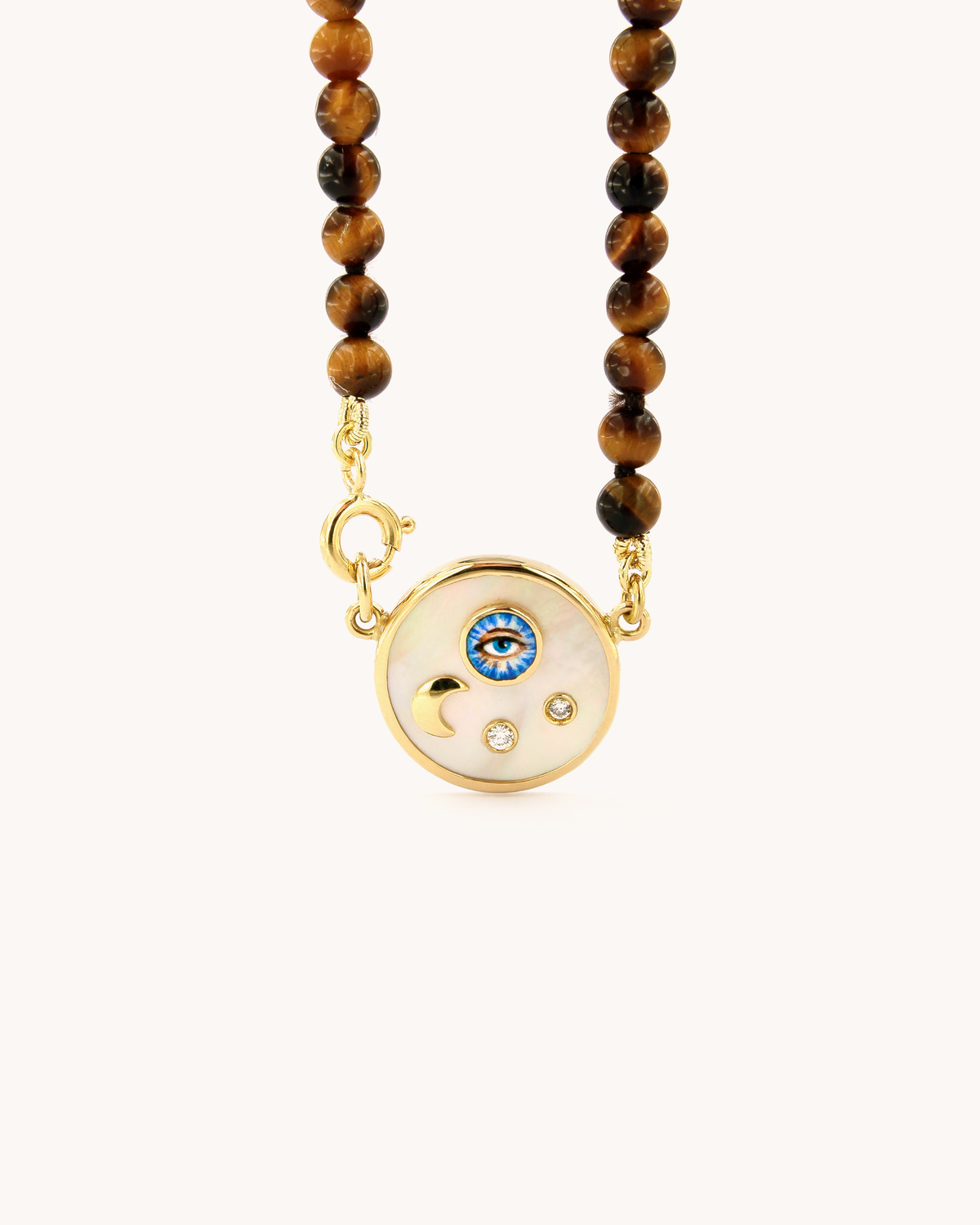 Collana Coloris con perline di occhio di tigre e pendente in madreperla con occhio mistico, luna e diamanti