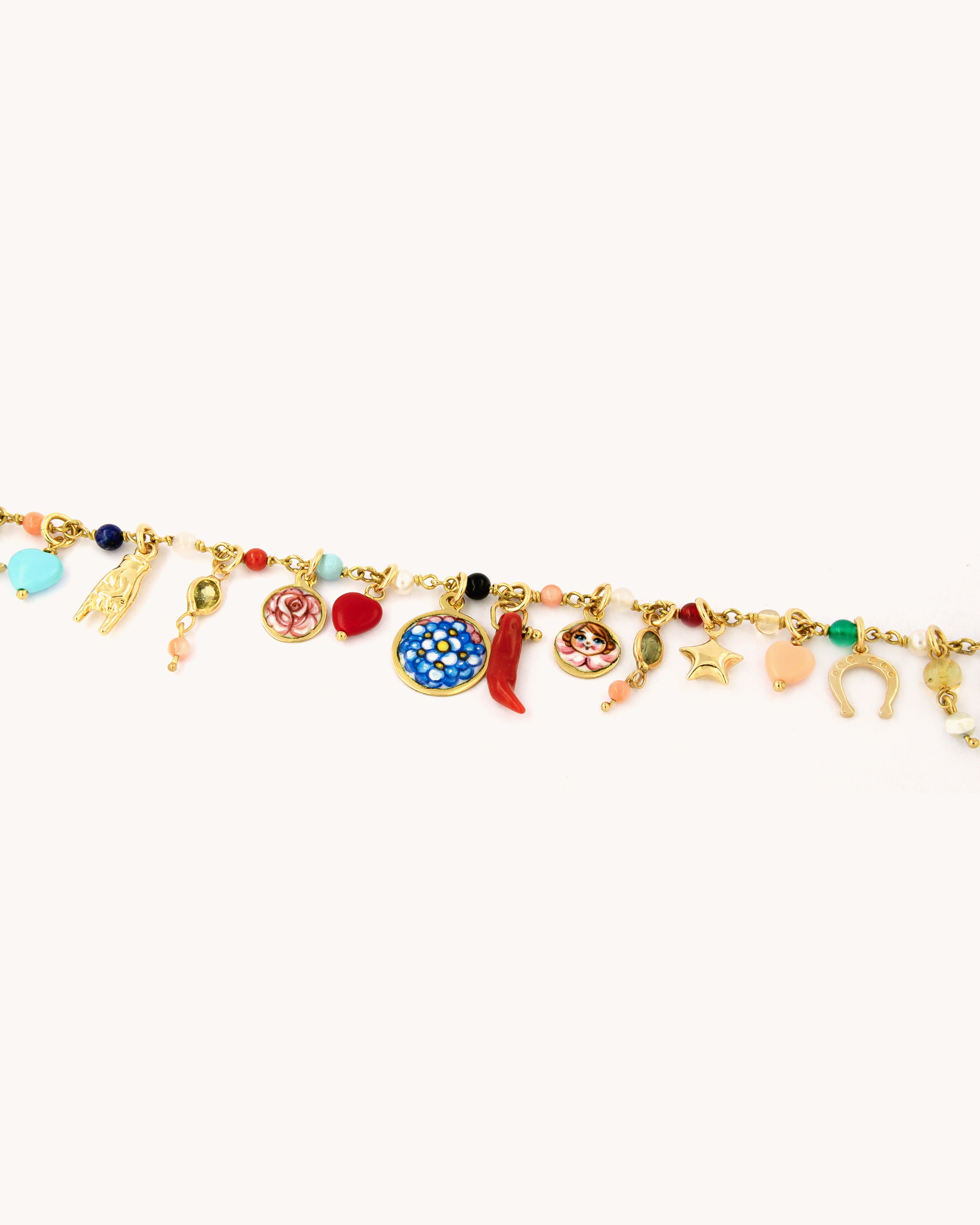 Collana Mediterraneo “Il Giardino Segreto” di Merù in oro 18K con pietre naturali e ciondoli in smalto a fuoco.