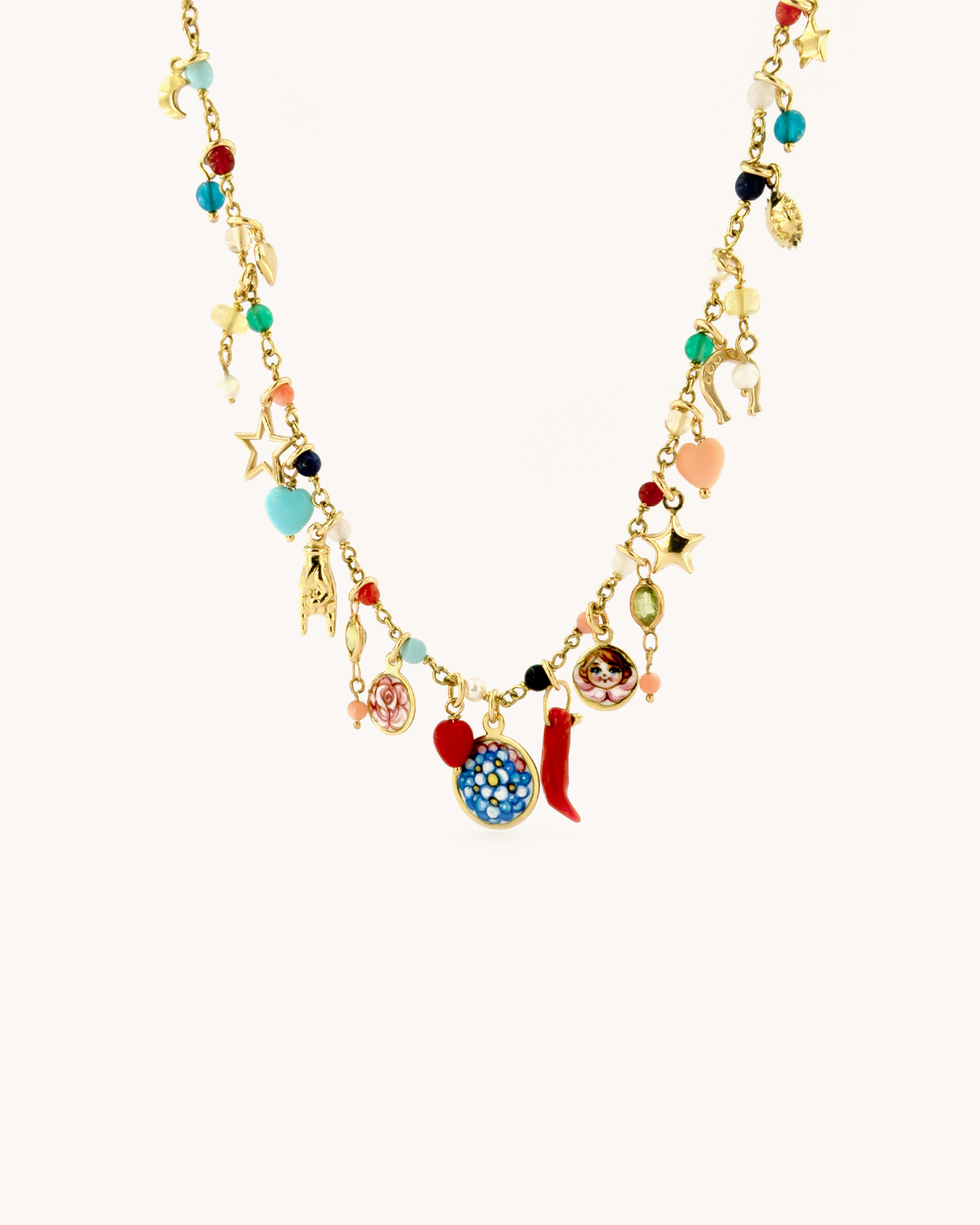 Collana Mediterraneo “Il Giardino Segreto” di Merù in oro 18K con pietre naturali e ciondoli in smalto a fuoco.