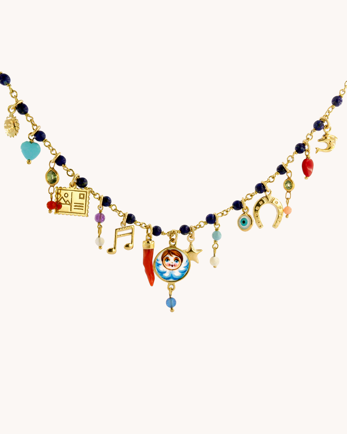 Collana Mediterraneo Messaggi dall’Angelo in lapislazzuli e oro giallo 18K con ciondoli Merù e smalto a fuoco