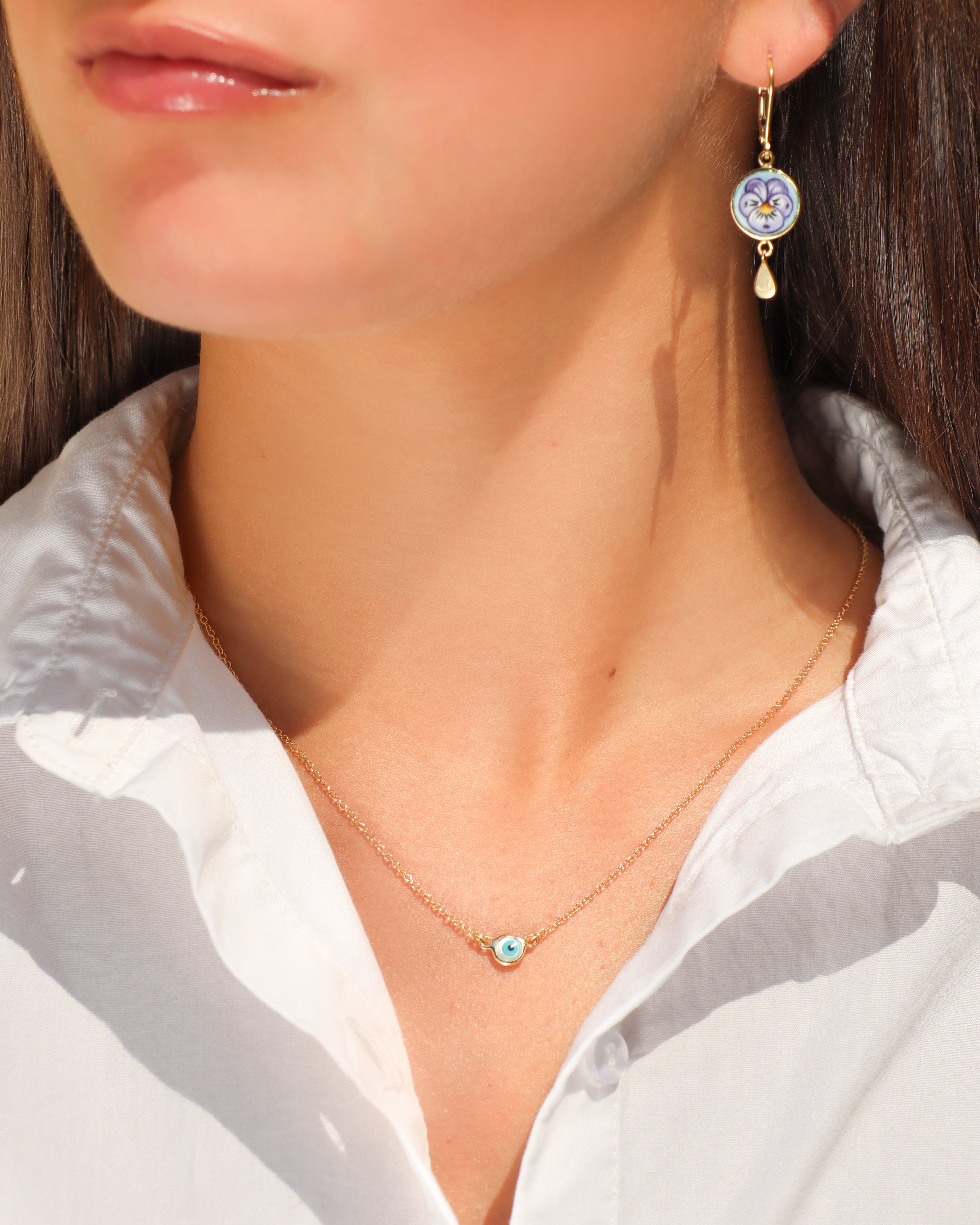 Collana in oro giallo 18 carati con pendente Occhio della Fortuna piccolo in madreperla, turchese e onice