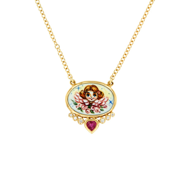 Pink Angel, Ruby Heart and Diamonds Necklace 