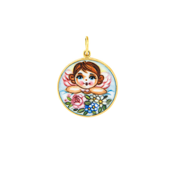 Brunette Angel with Flowers Pendant