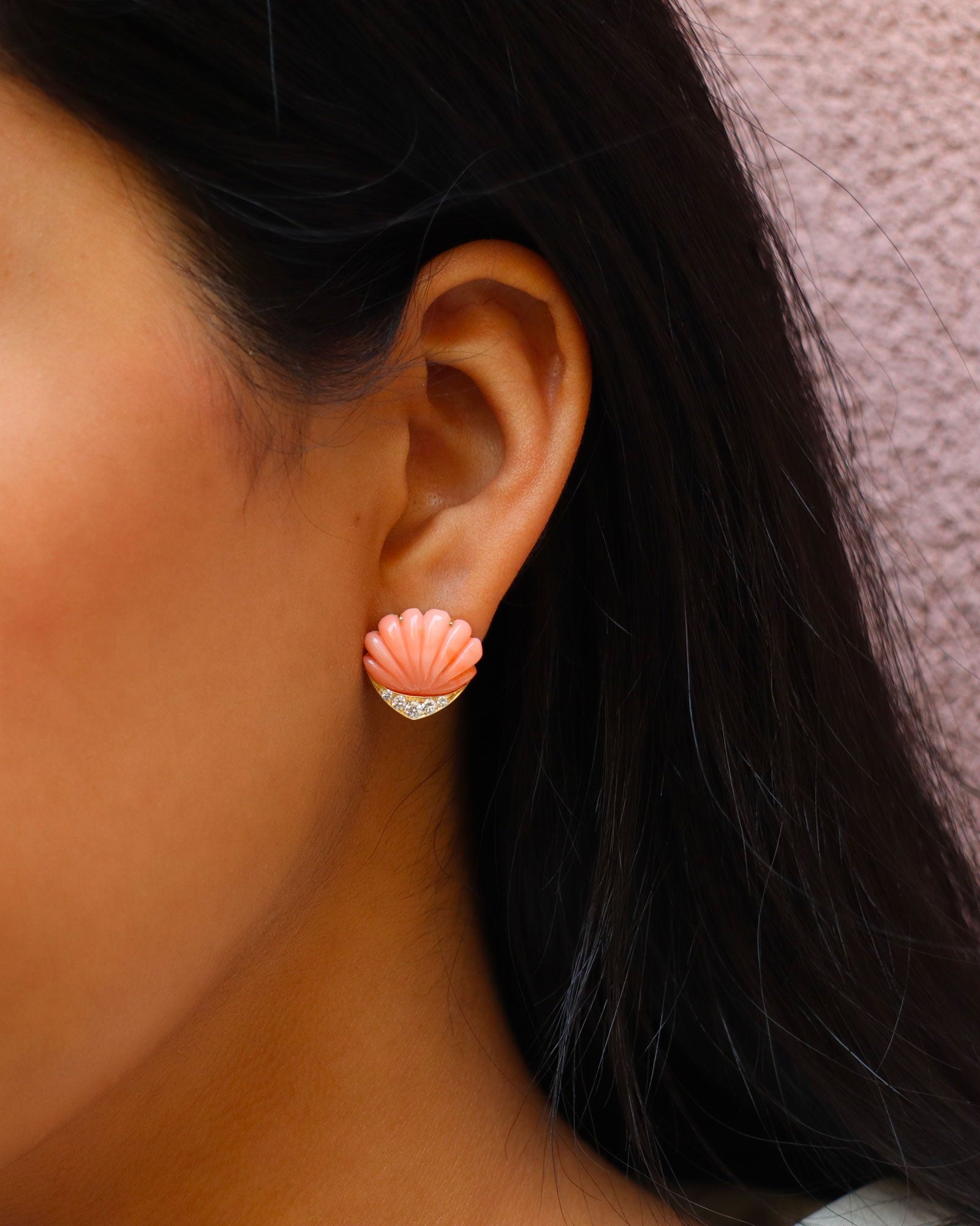 Coral Seashell and Diamonds Earrings