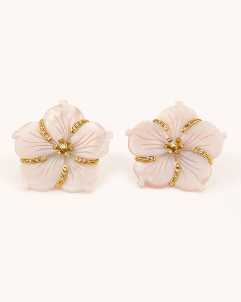 Pearl Nacre and Diamond Flower Earrings 