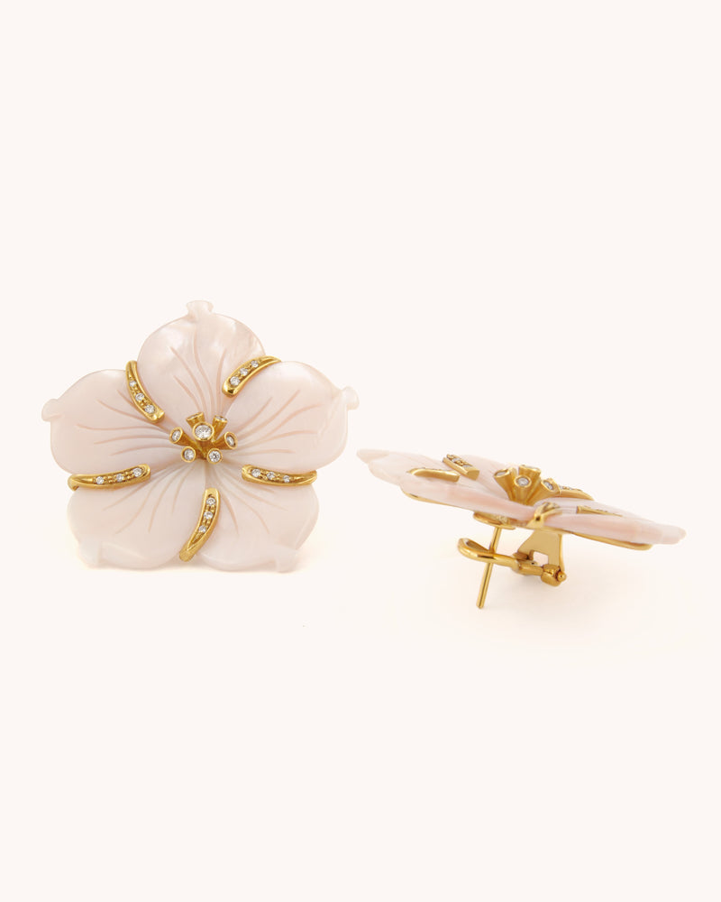 Pearl Nacre and Diamond Flower Earrings 