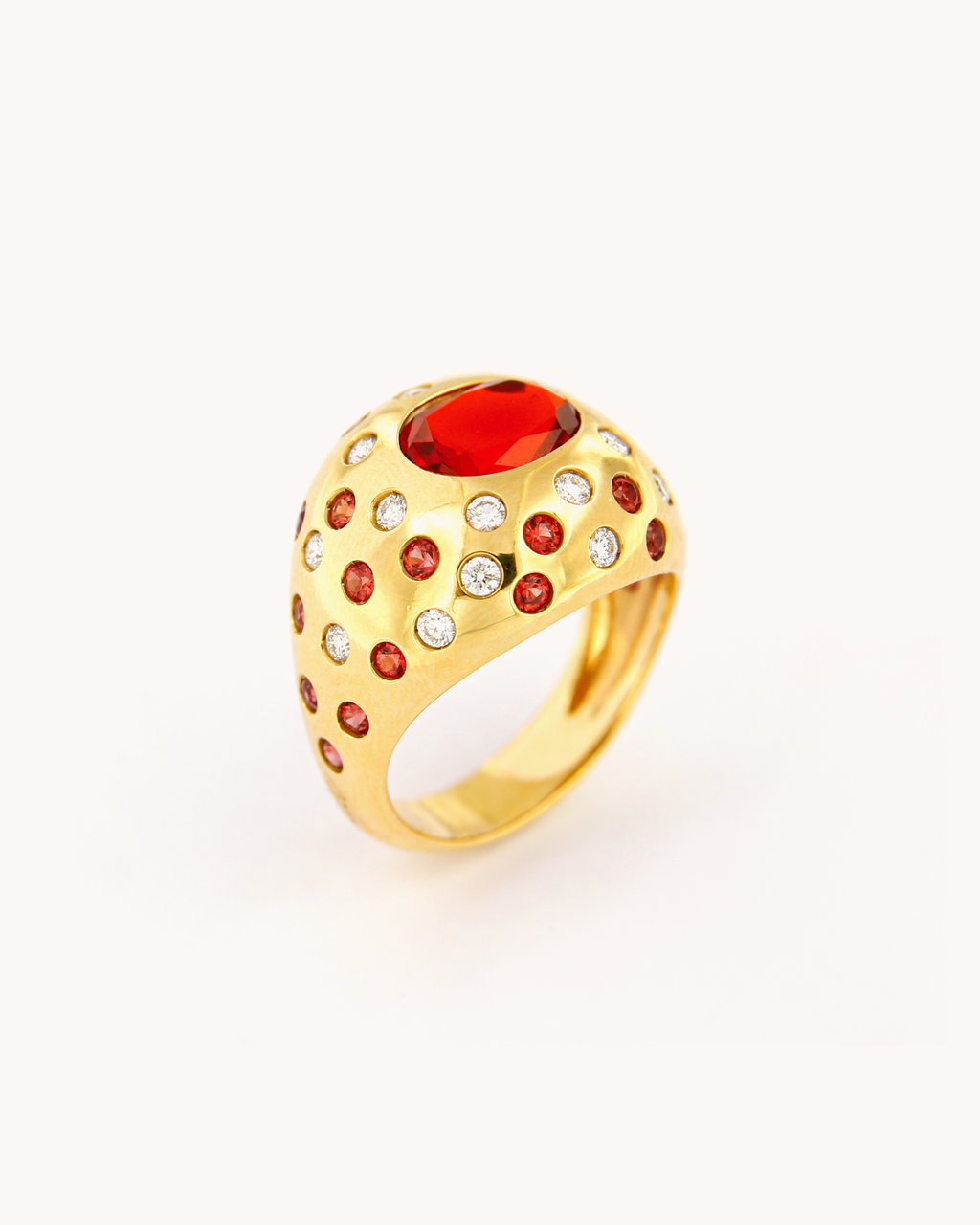Orange Fire Opal, Sapphires and Diamonds Dome Ring
