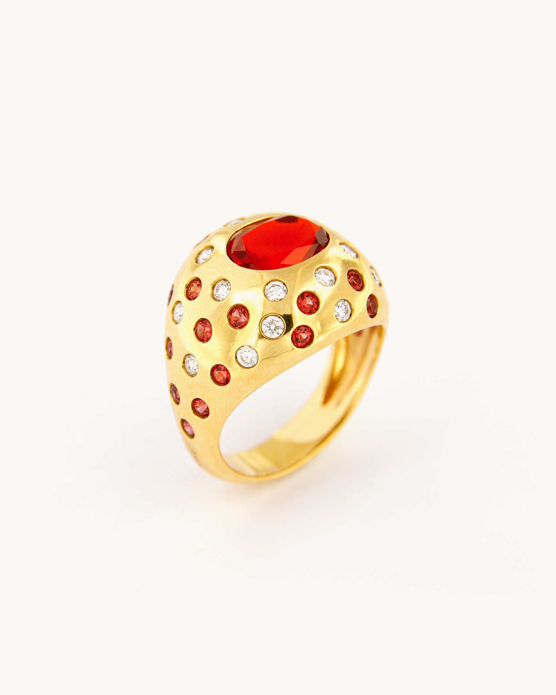 Orange Fire Opal, Sapphires and Diamonds Dome Ring