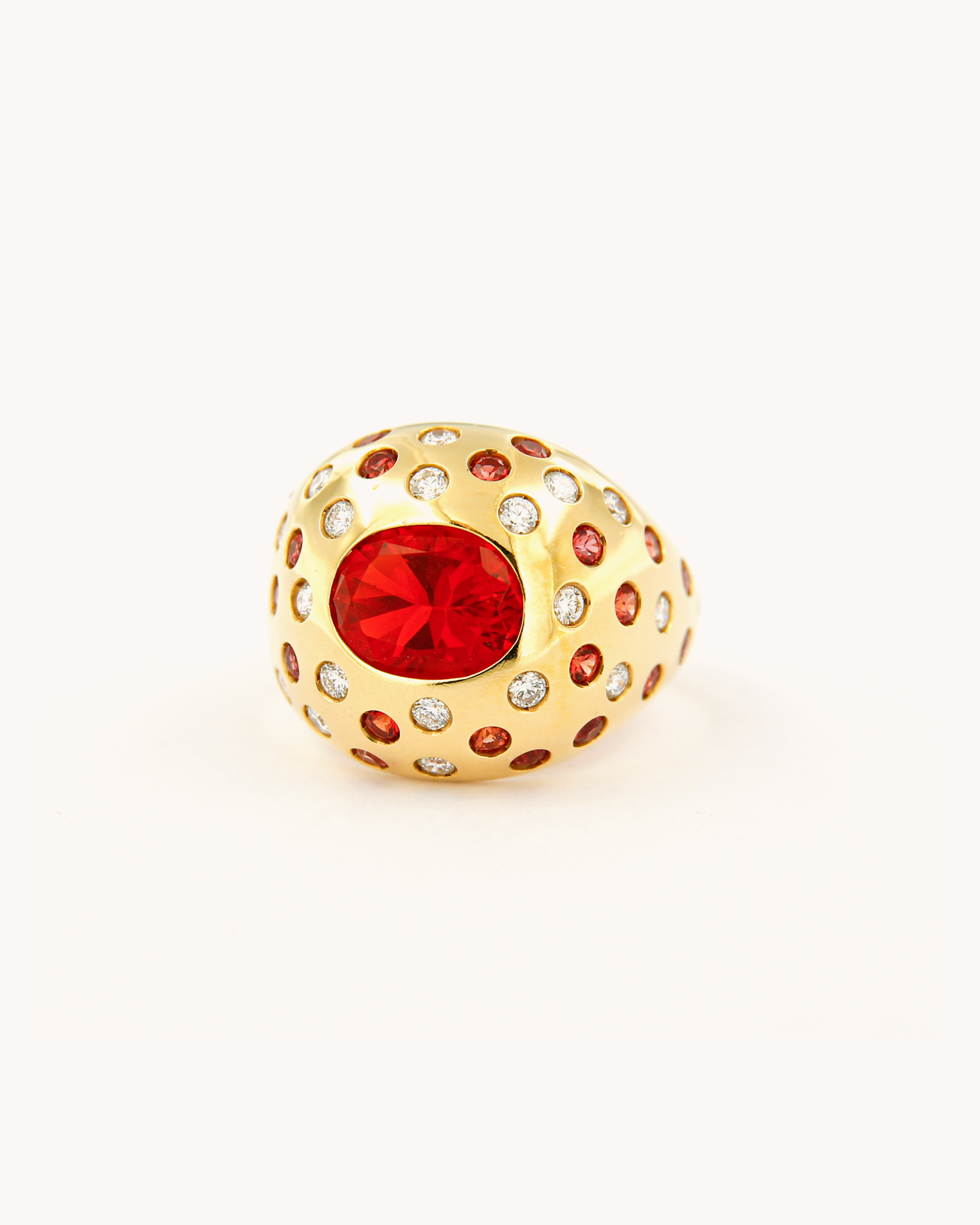 Orange Fire Opal, Sapphires and Diamonds Dome Ring