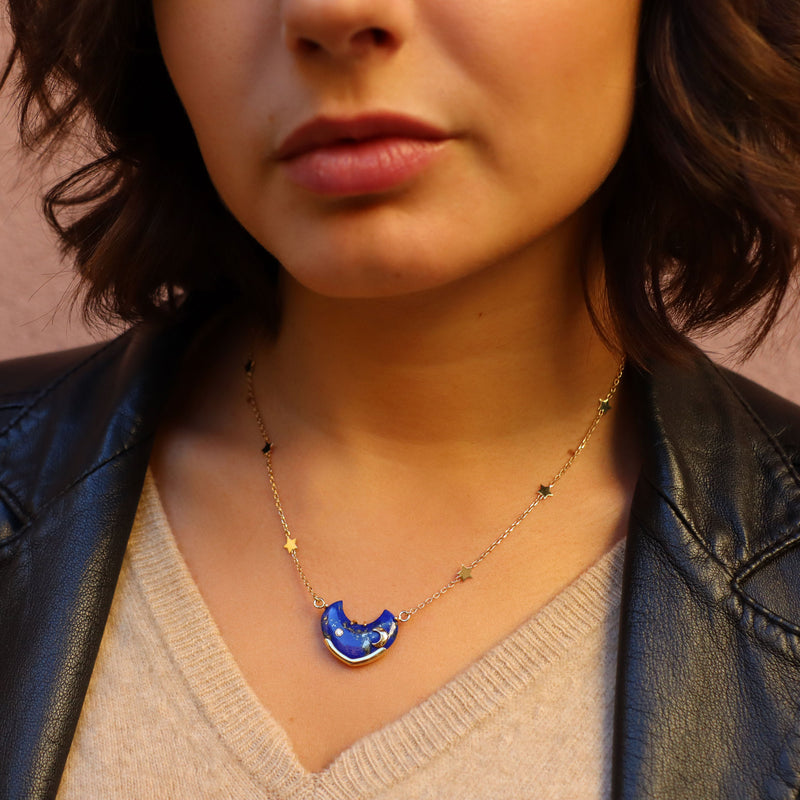 Lapis Lazuli Half-Moon and Diamond Necklace