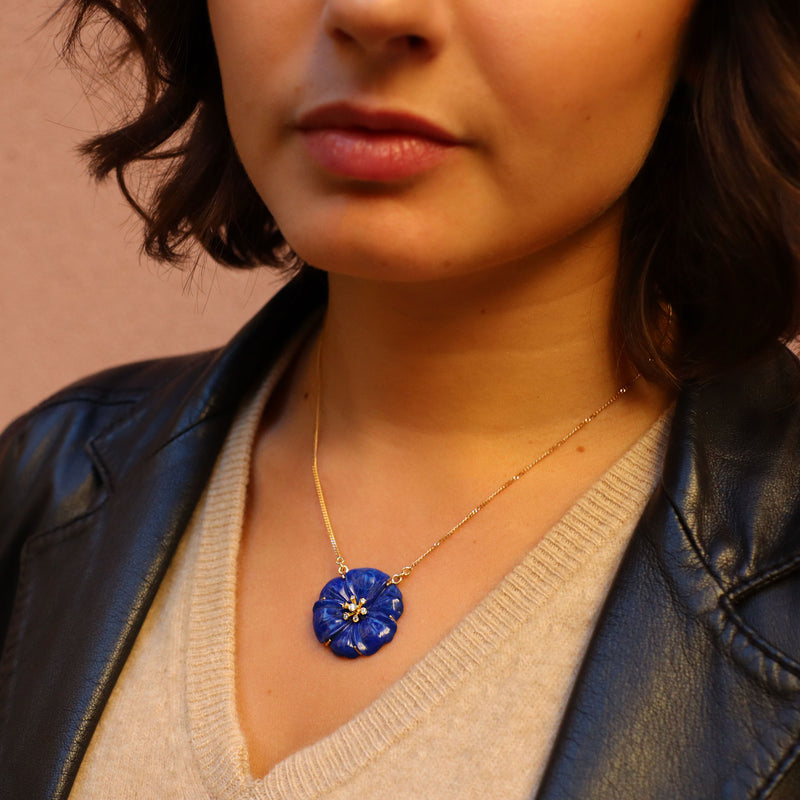 Lapis Lazuli Flower and Diamonds Necklace 