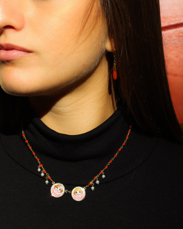 Angels with Red Coral and Pearls Necklace