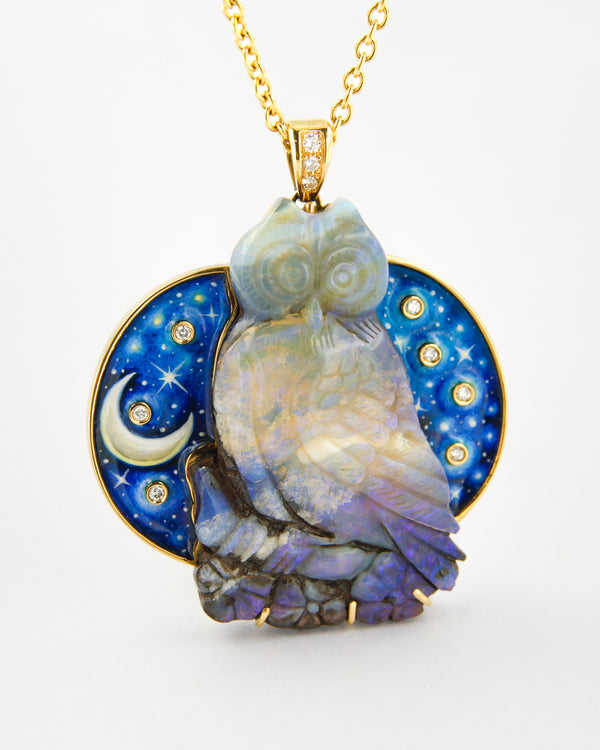 Owl of Opal in the Mysterious Night Pendant