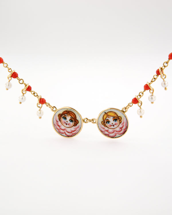 Collana Angeli Con Corallo Rosso e Perle