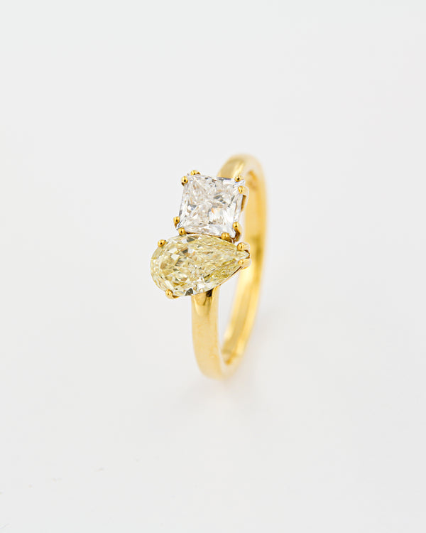 Princess Cut & Fancy Yellow Pear Cut Diamond Ring