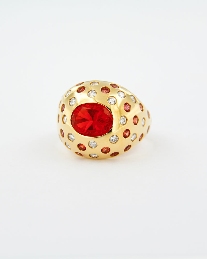 Orange Fire Opal, Sapphires and Diamonds Dome Ring