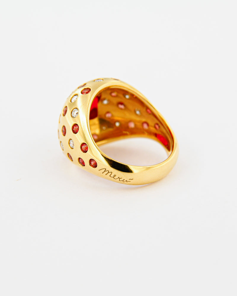 Orange Fire Opal, Sapphires and Diamonds Dome Ring