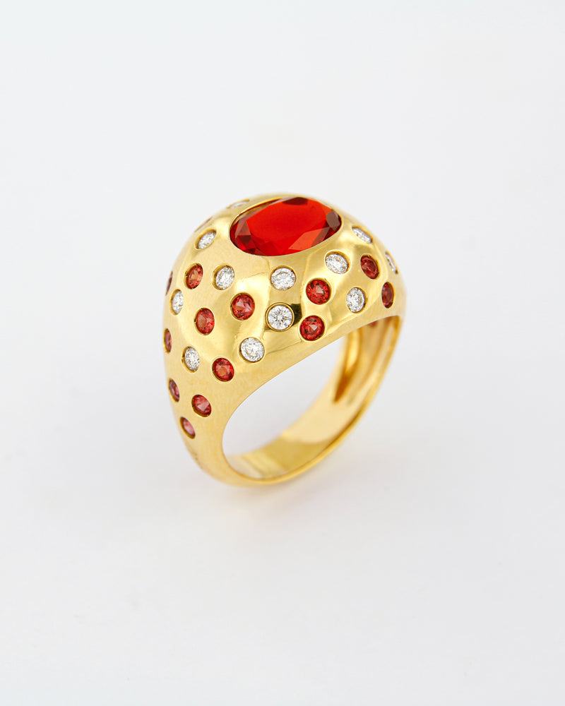 Orange Fire Opal, Sapphires and Diamonds Dome Ring