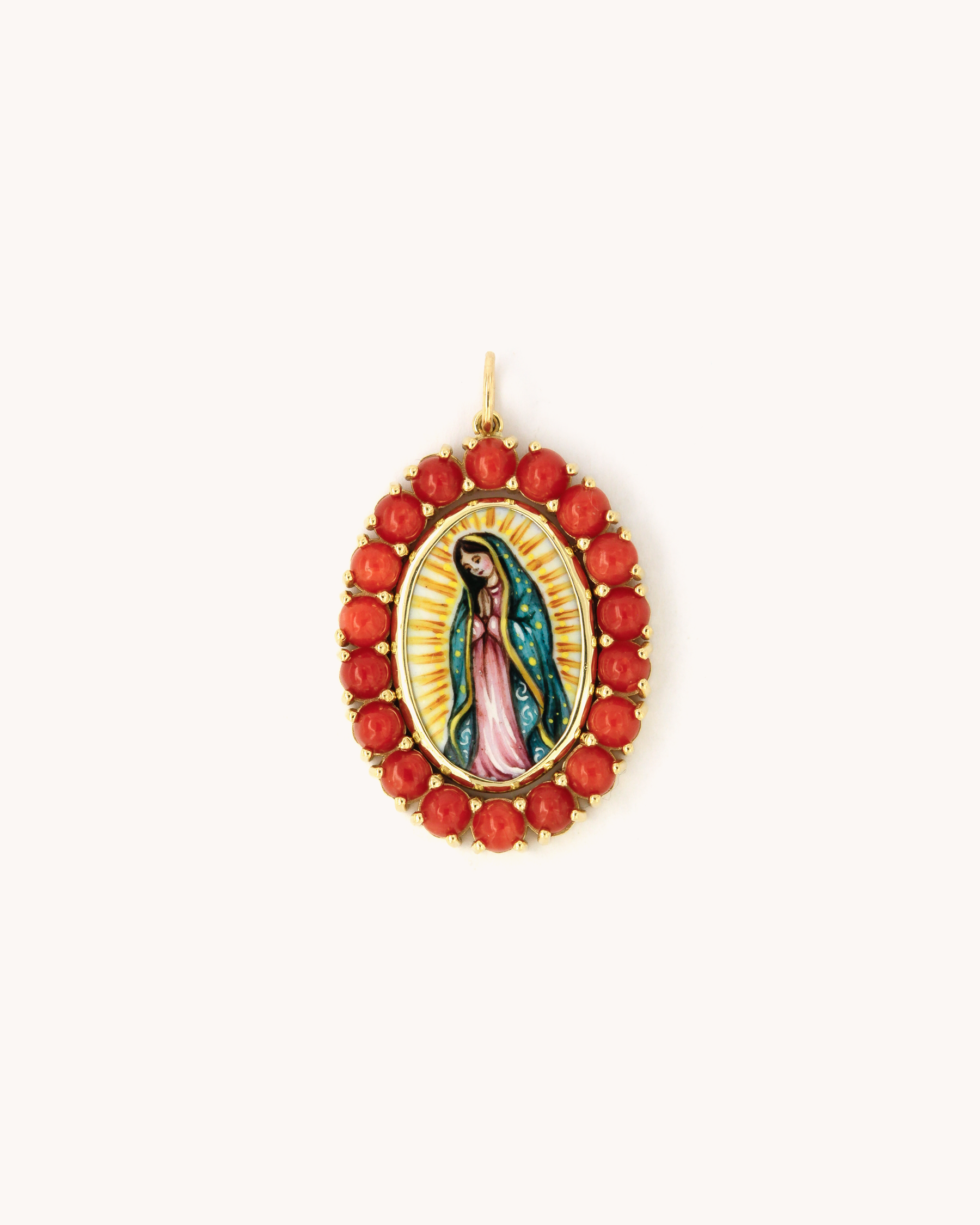 Ciondolo Madonnina in oro giallo 18 carati con smalto a fuoco dipinto a mano e corallo rosso
