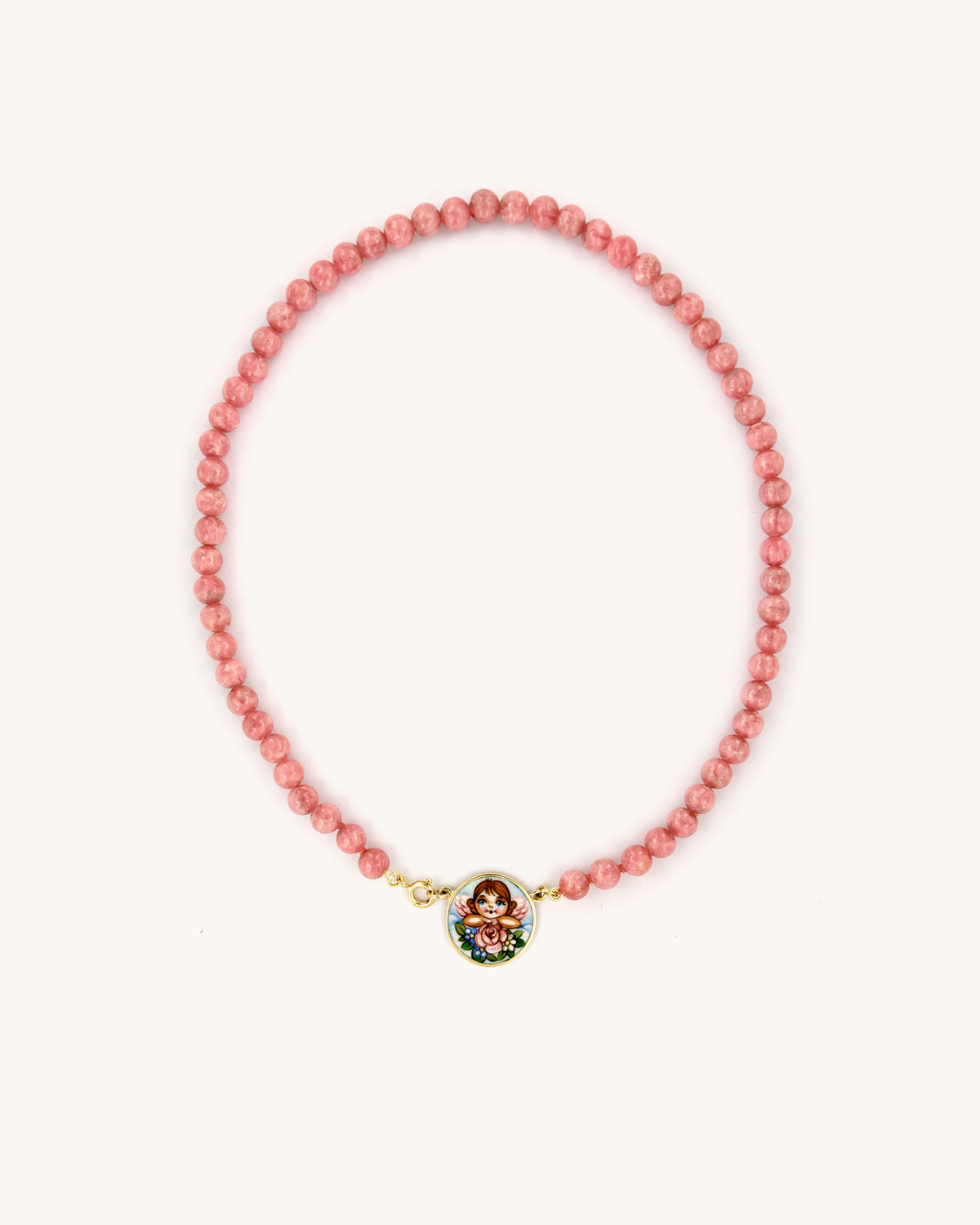 Collana Coloris Angelo nel Rosa Floreale con perline di rodocrosite e angelo dipinto a mano in smalto a fuoco