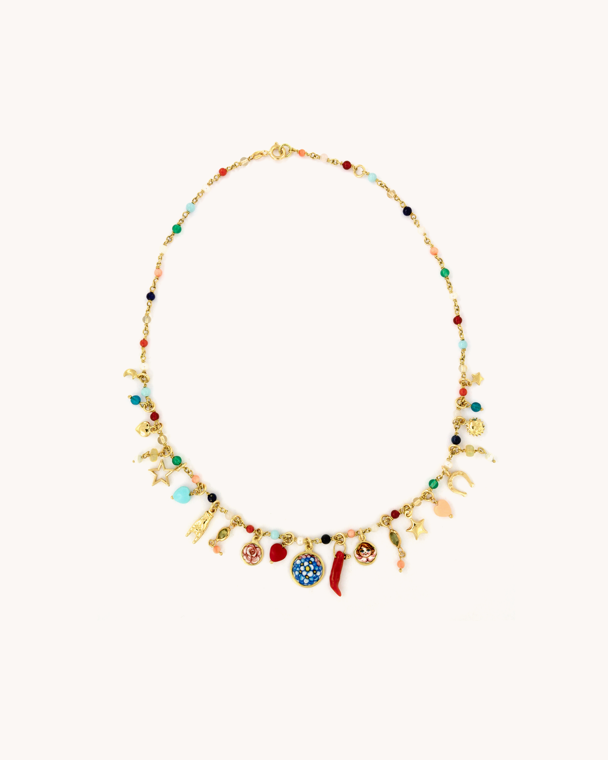 Collana Mediterraneo “Il Giardino Segreto” di Merù in oro 18K con pietre naturali e ciondoli in smalto a fuoco.