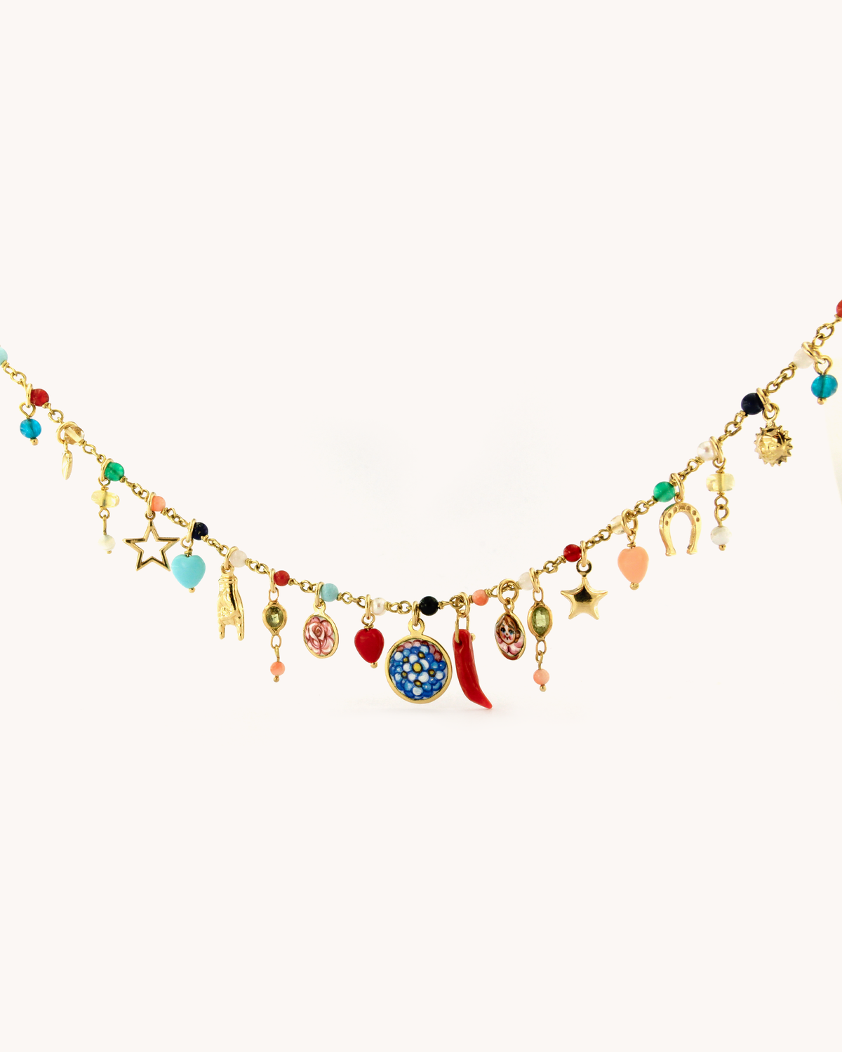 Collana Mediterraneo “Il Giardino Segreto” di Merù in oro 18K con pietre naturali e ciondoli in smalto a fuoco.