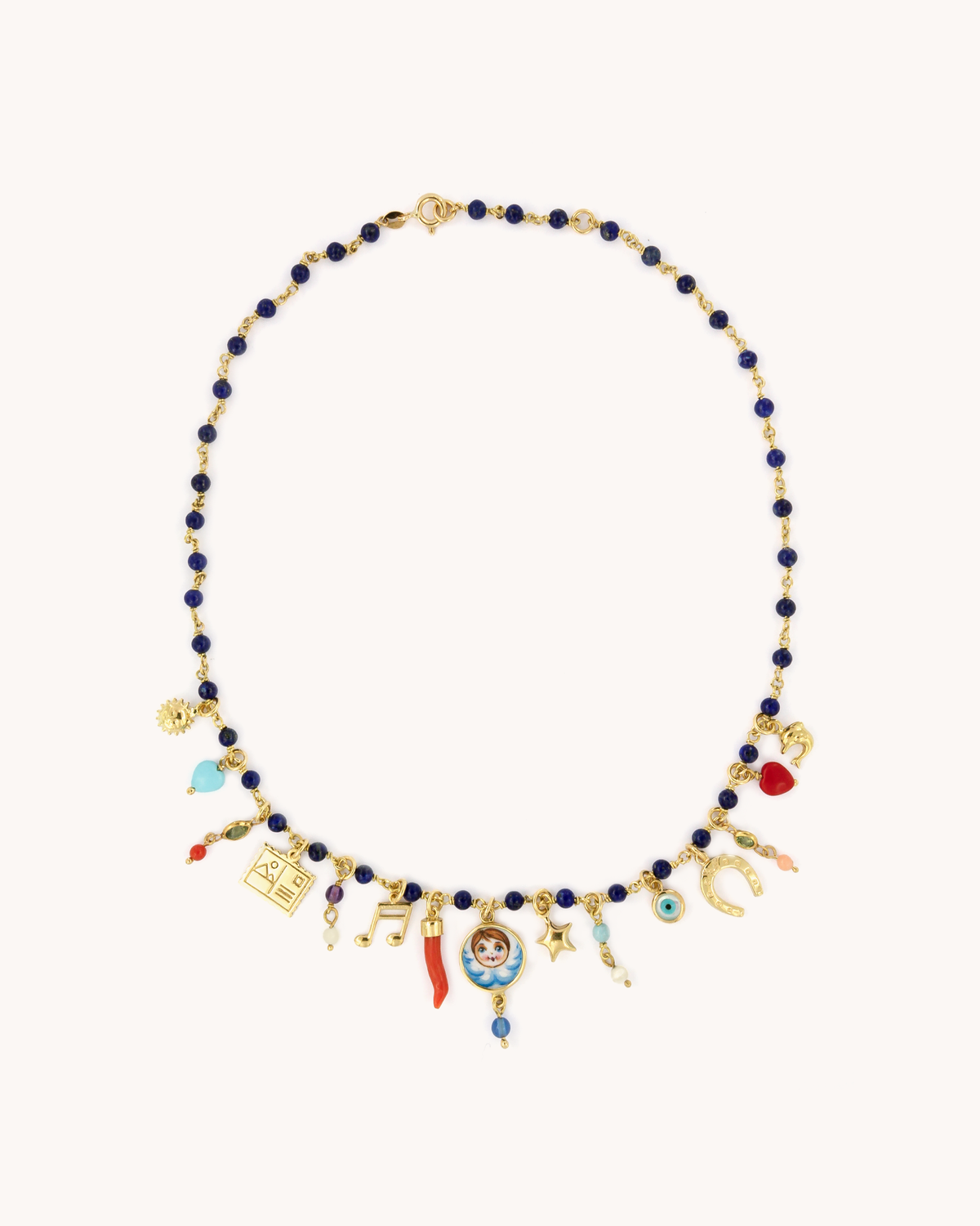 Collana Mediterraneo Messaggi dall’Angelo in lapislazzuli e oro giallo 18K con ciondoli Merù e smalto a fuoco