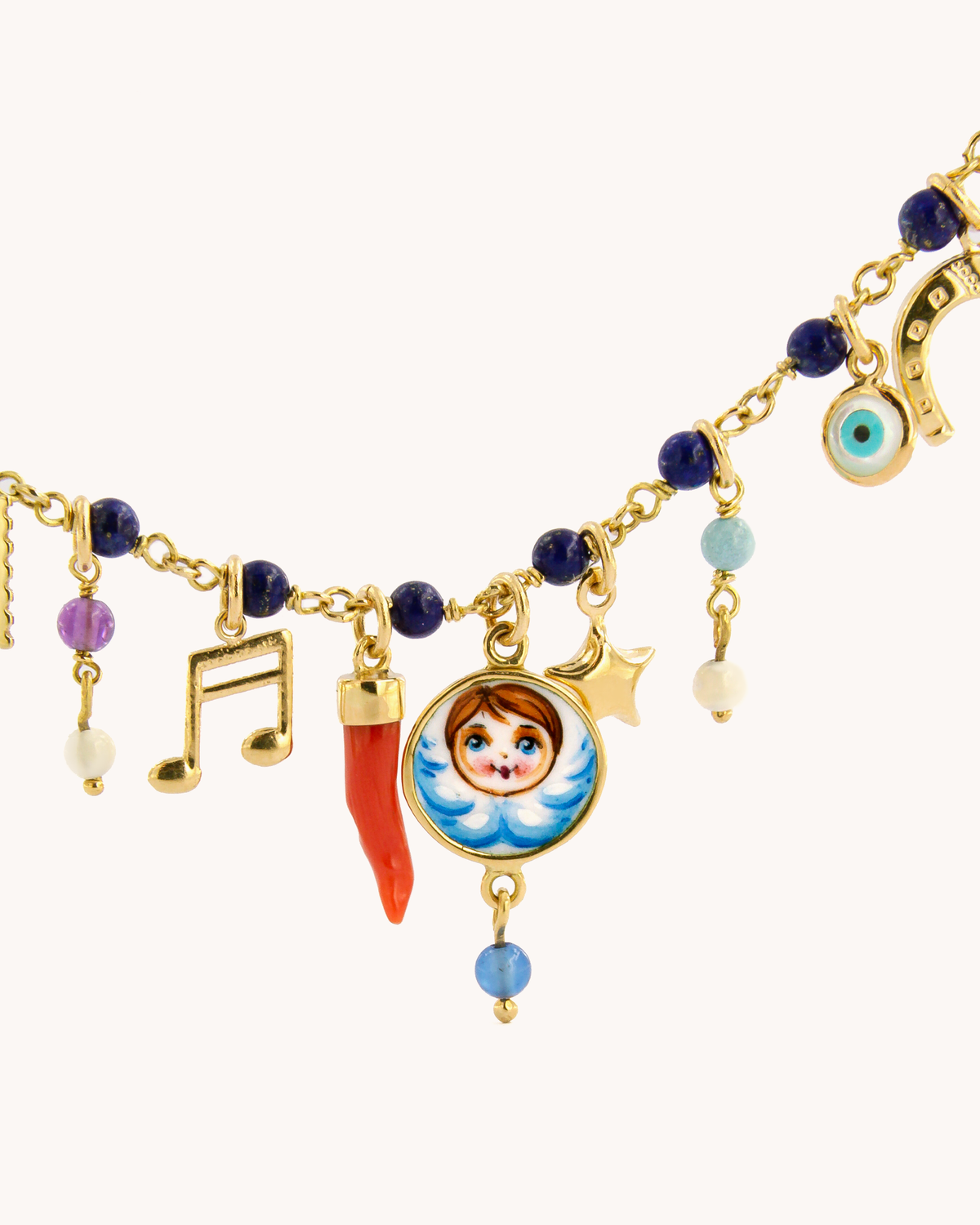 Collana Mediterraneo Messaggi dall’Angelo in lapislazzuli e oro giallo 18K con ciondoli Merù e smalto a fuoco