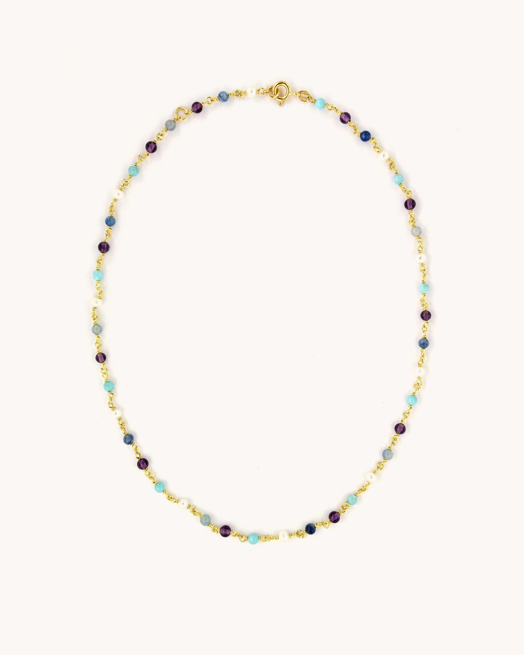 Collana in oro giallo 18 carati con perline in pietre colorate, luminosa e raffinata