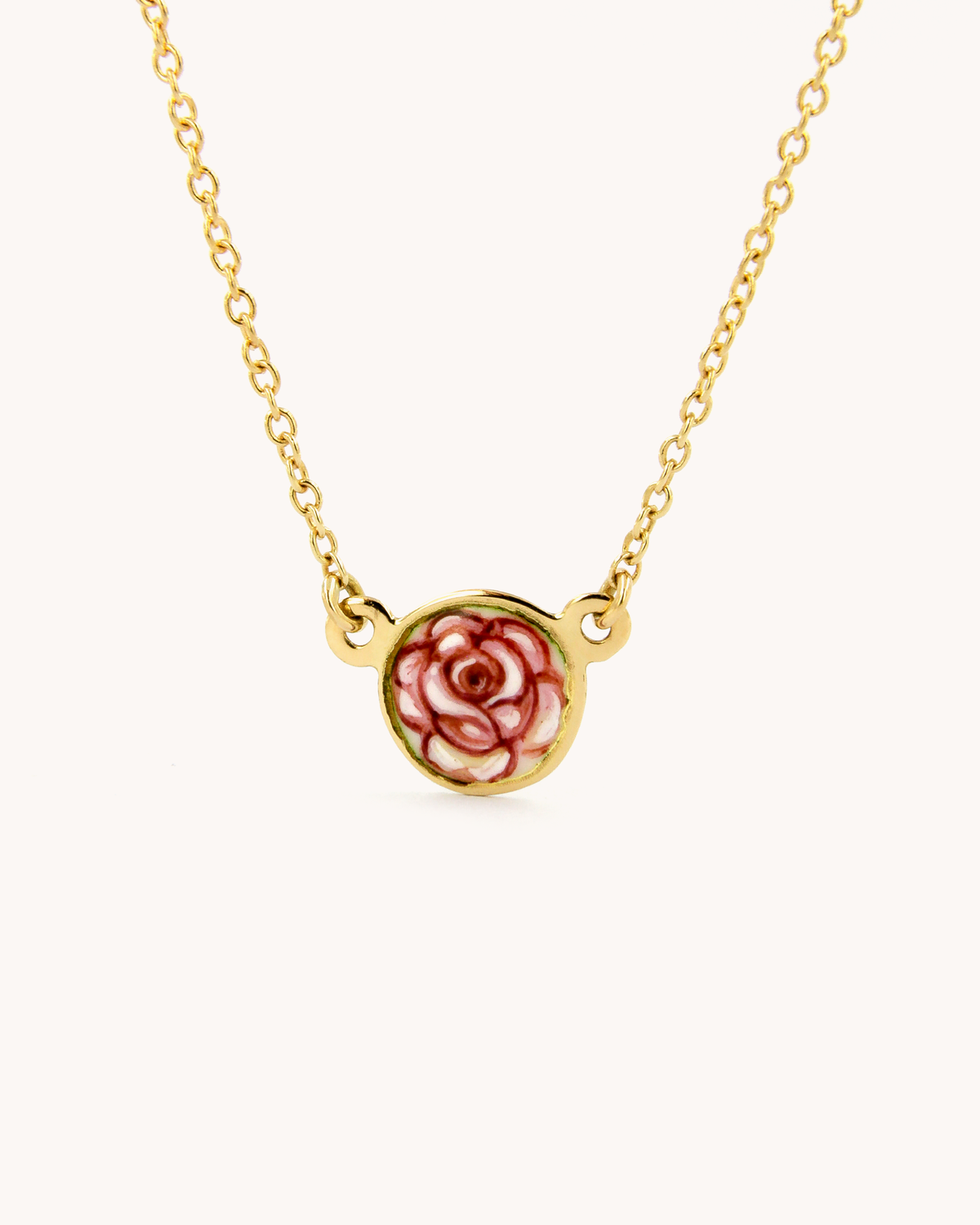 Collana Rosa in oro giallo 18k con rosa dipinta a mano in smalto a fuoco