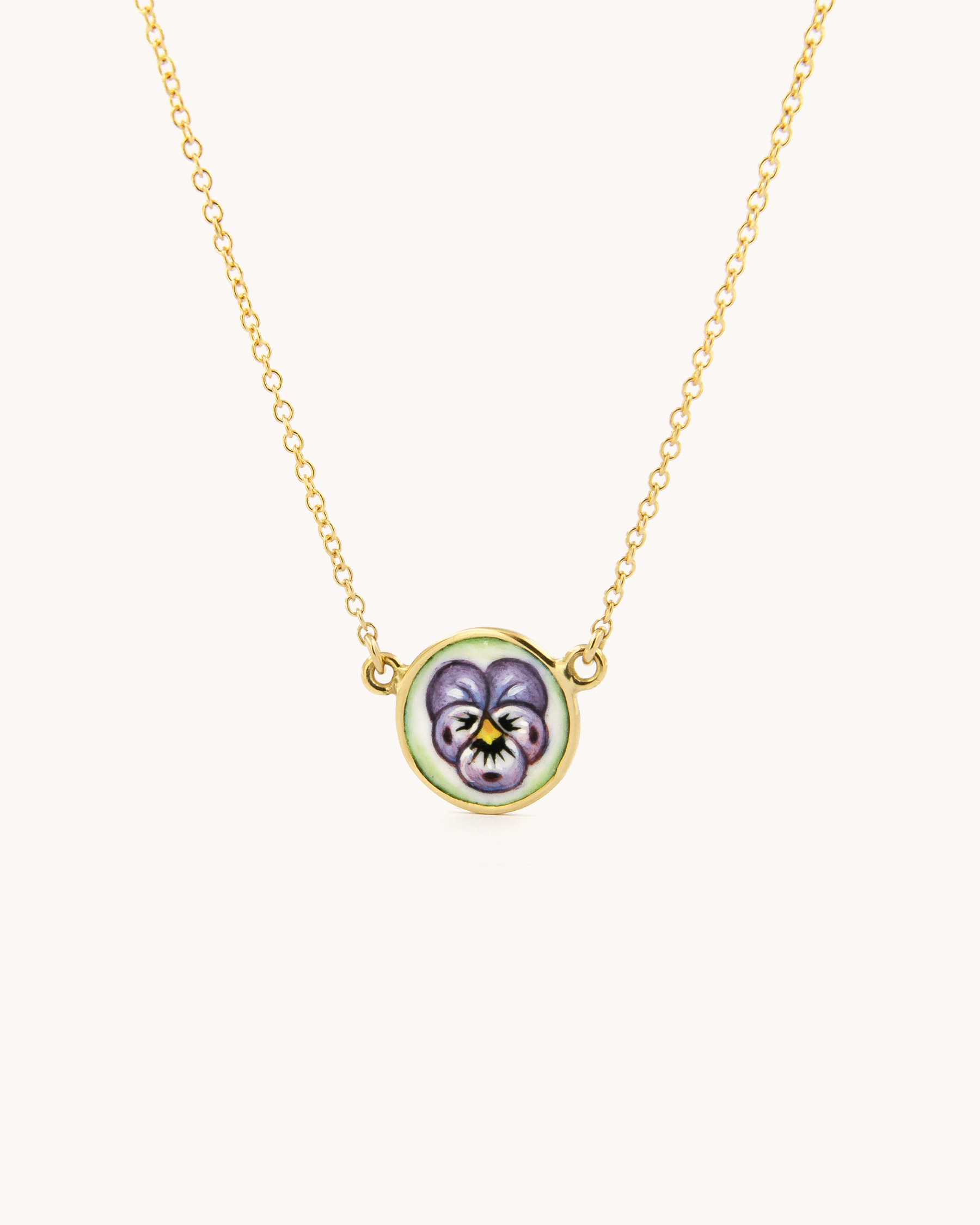 Collana Viola del Pensiero in oro giallo 18 carati con ciondolo in smalto a fuoco dipinto a mano