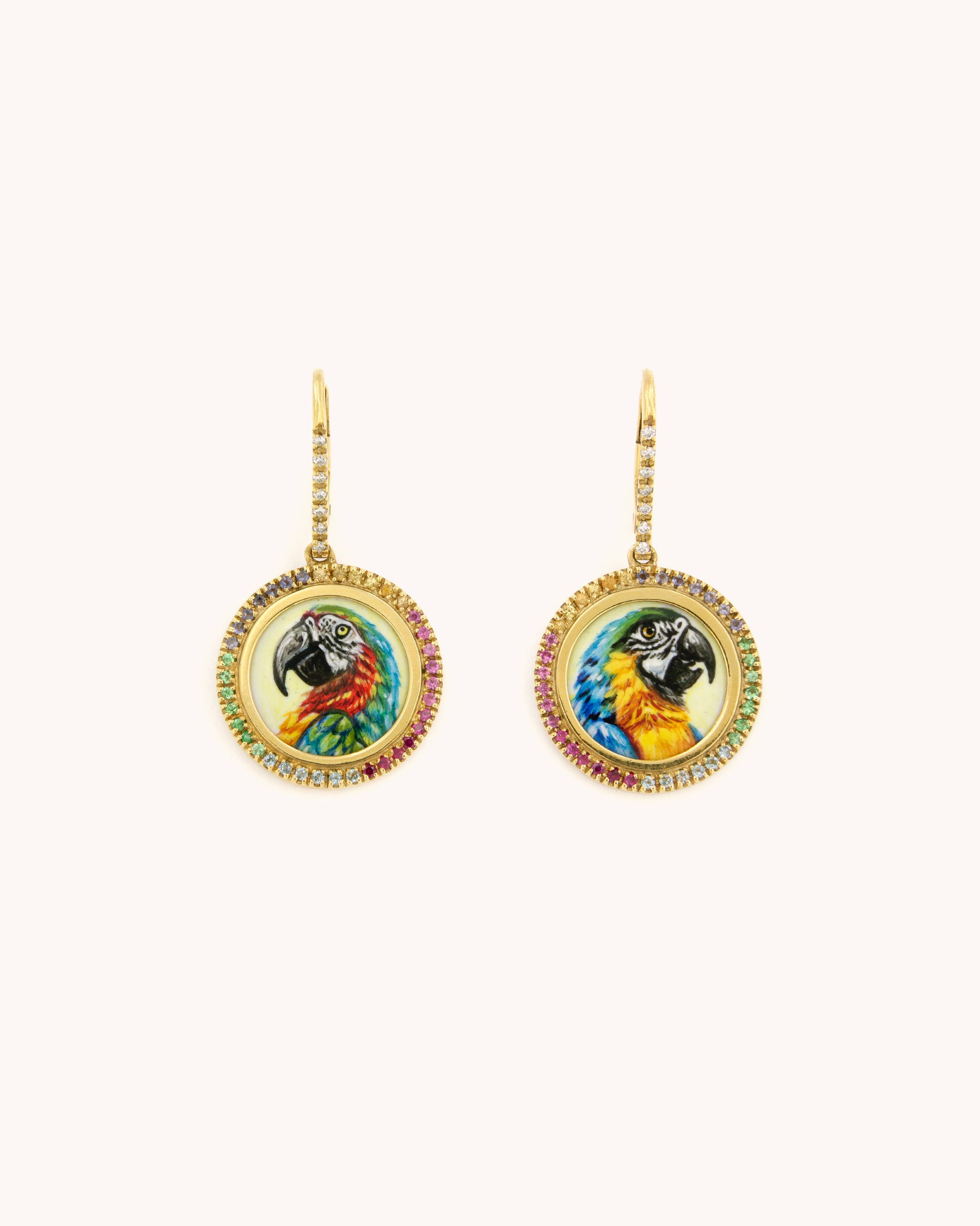 Orecchini Pappagallo in oro giallo 18K  con diamanti e pietre preziose