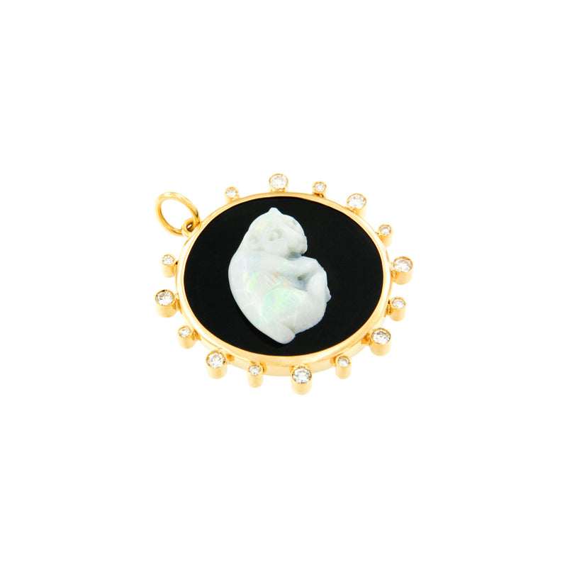 Opal Sloth, Onyx and Diamonds Pendant