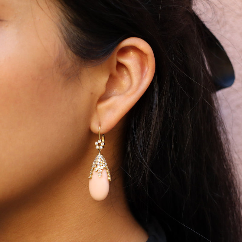 Diamond & Coral Pendent Earrings