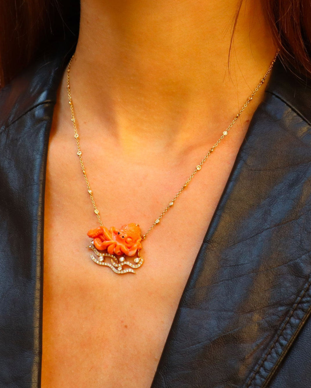Coral Octopus Diamond Necklace