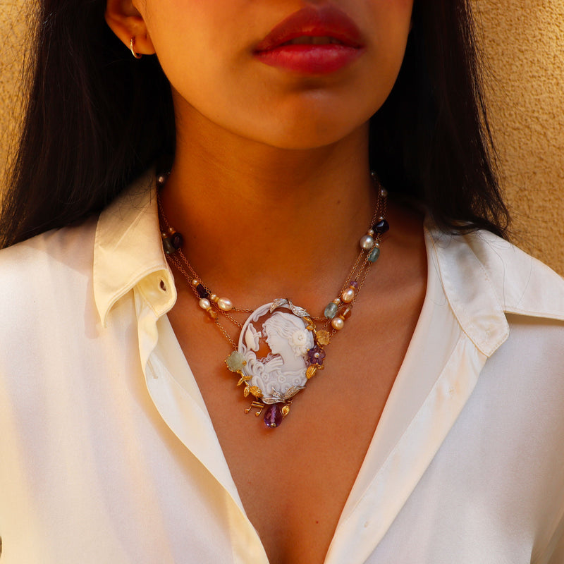 Cameo Necklace with Pearls and Gemstones