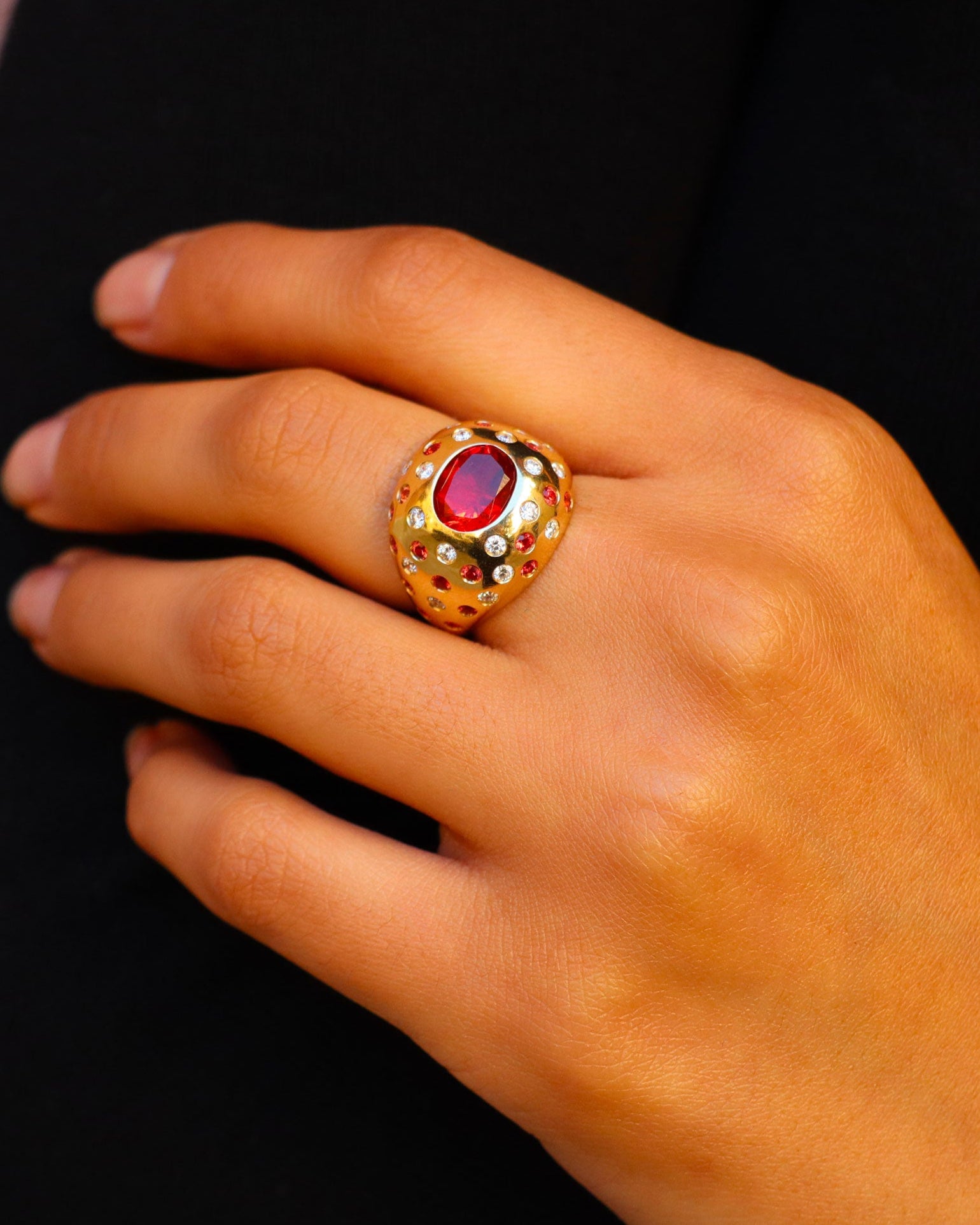 Orange Fire Opal, Sapphires and Diamonds Dome Ring