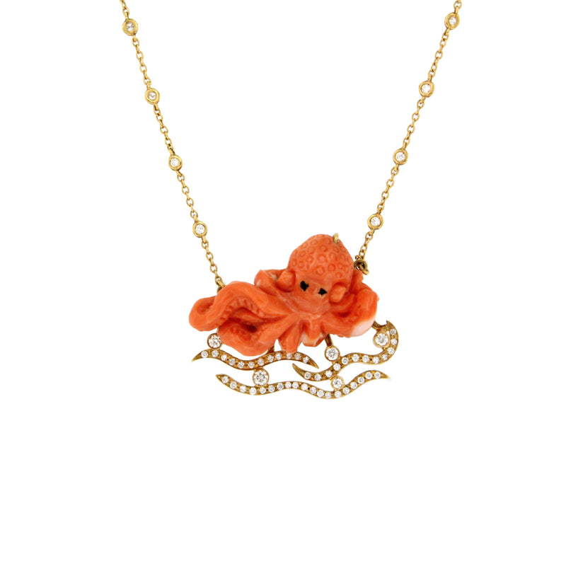 Coral Octopus Diamond Necklace