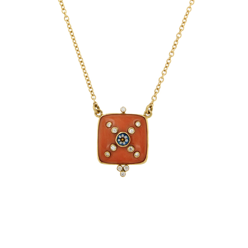 Pink Coral Square with Diamonds and Enamel